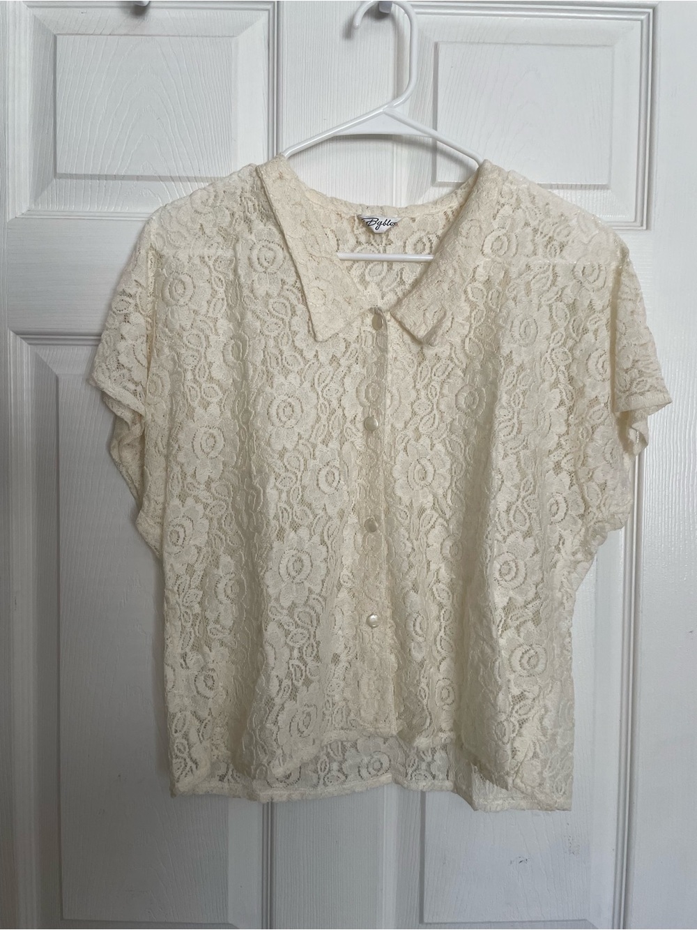 Vintage Byblos Cream Lace Short-Sleeve Button Down Blouse size Small